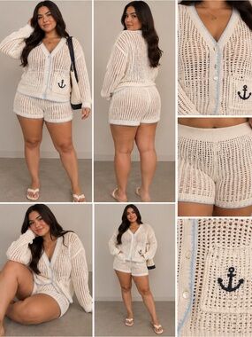 Cha Cha Cream Crochet Knit Cardigan & Shorts Set Size L